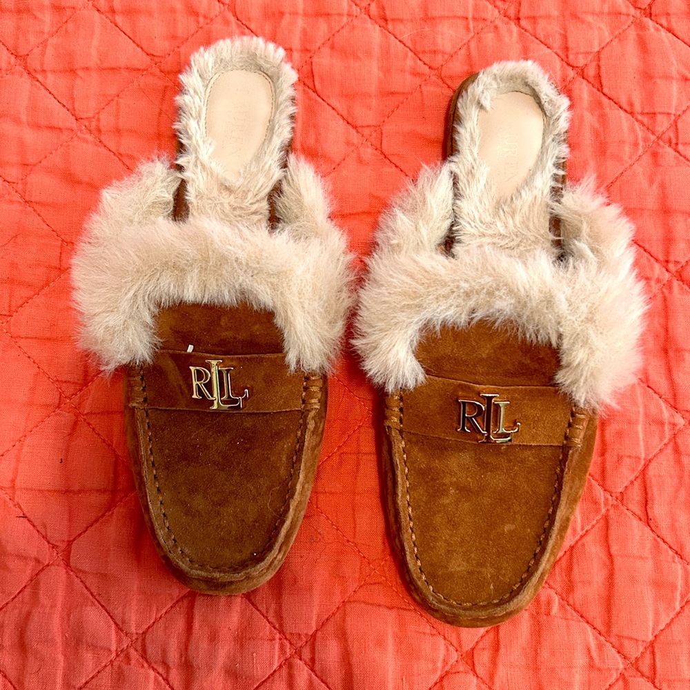 Ralph Lauren Savannah Brown Fur-Trimmed Women's Slippers
